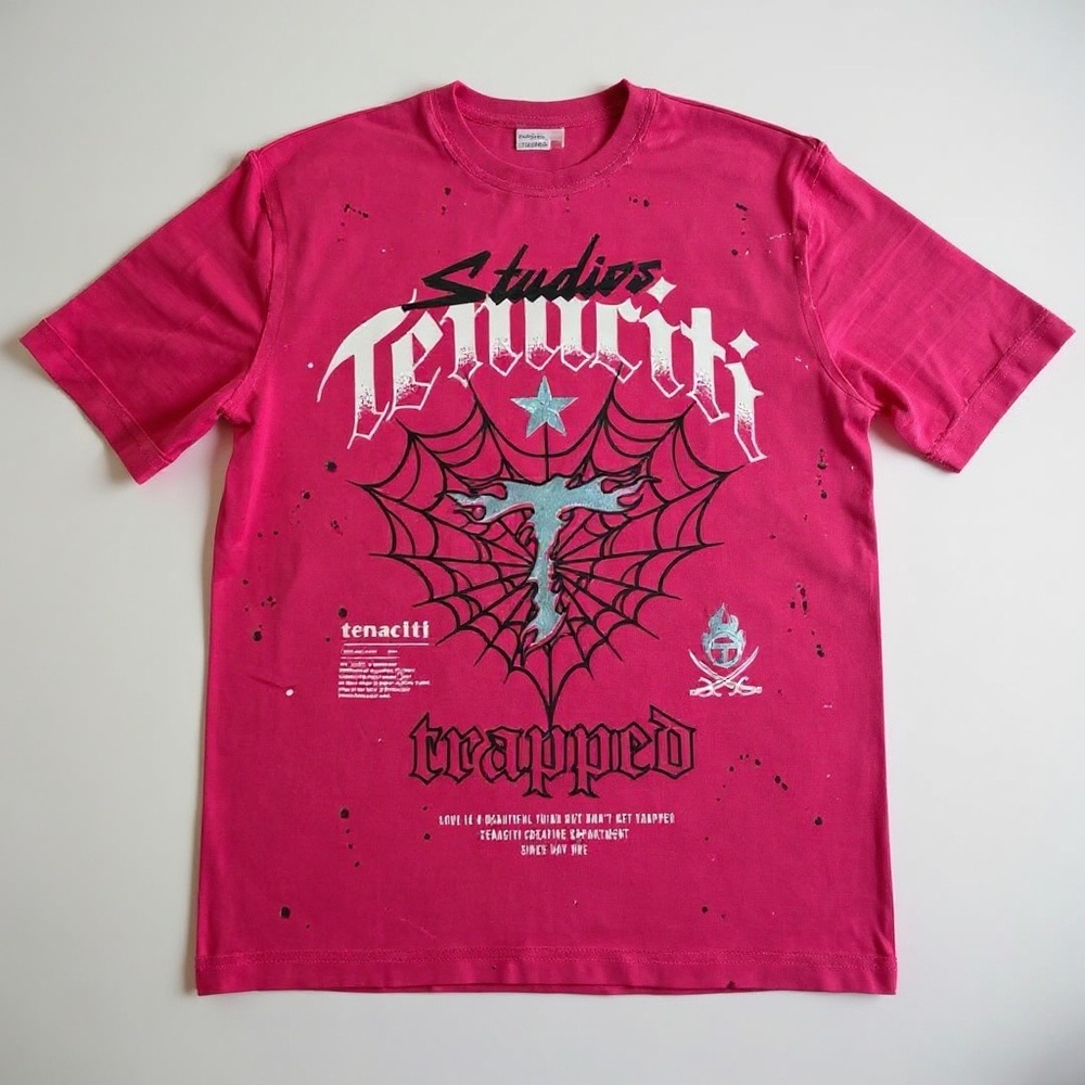 Tenaciti Studios Pink Graphic Tee Web Cross Graphic Size M NWT